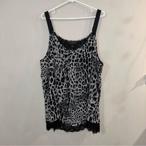 NWT Lane Bryant Flowy black and gray leopard print tank top with a lace-trim hem